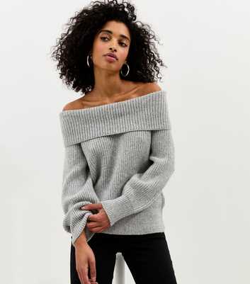 Light Grey Ribbed Bardot Knit Jumper