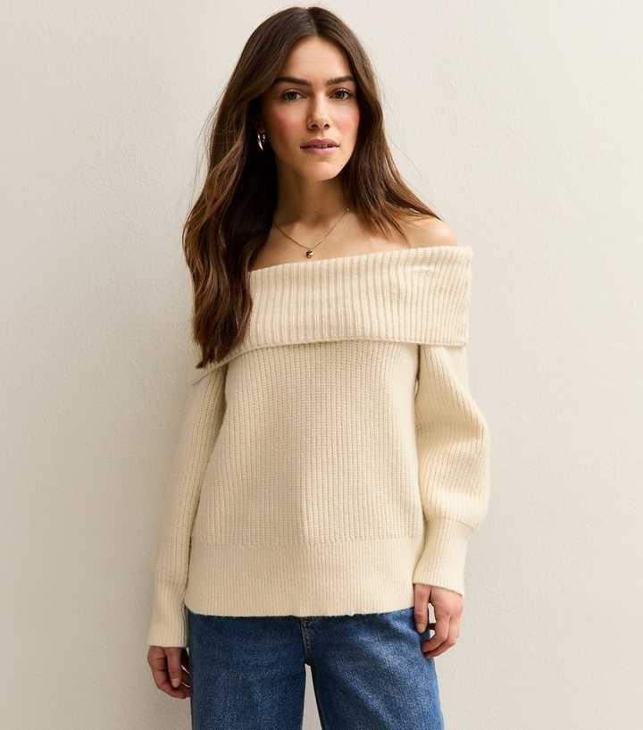 Petite Cream Ribbed Bardot Off The Shoulder Jumper