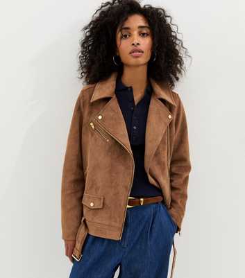 Tan Oversized Faux Suede Biker Jacket