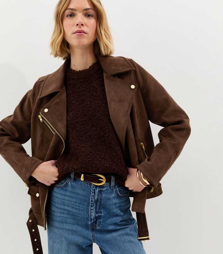 Dark Brown Oversized Faux Suede Biker Jacket