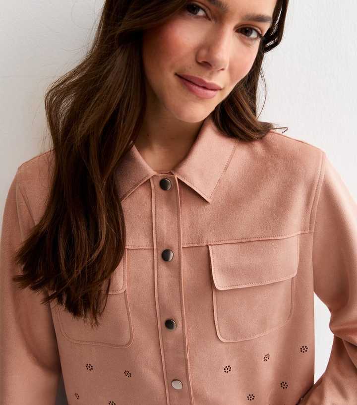 Petite Light Pink Cutwork Faux Suede Shacket