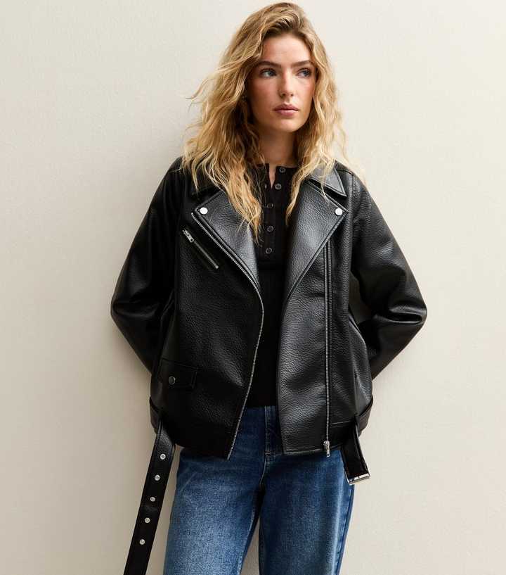 Black Faux Leather Textured Oversized Biker Jacket