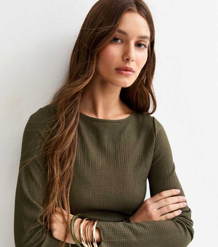 Dark Khaki Crinkled Long Sleeve Top
