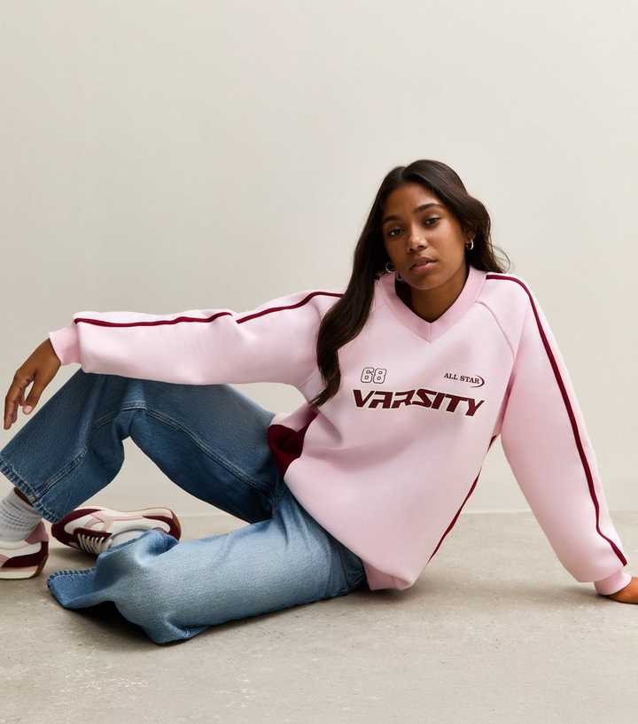 Girls Light Pink Varsity Logo V Neck Sweatshirt