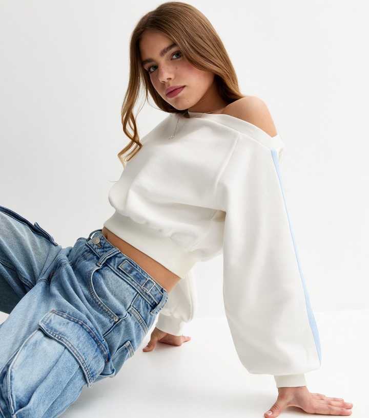 Girls Off White Off The Shoulder Side Stripe Sweatshirt