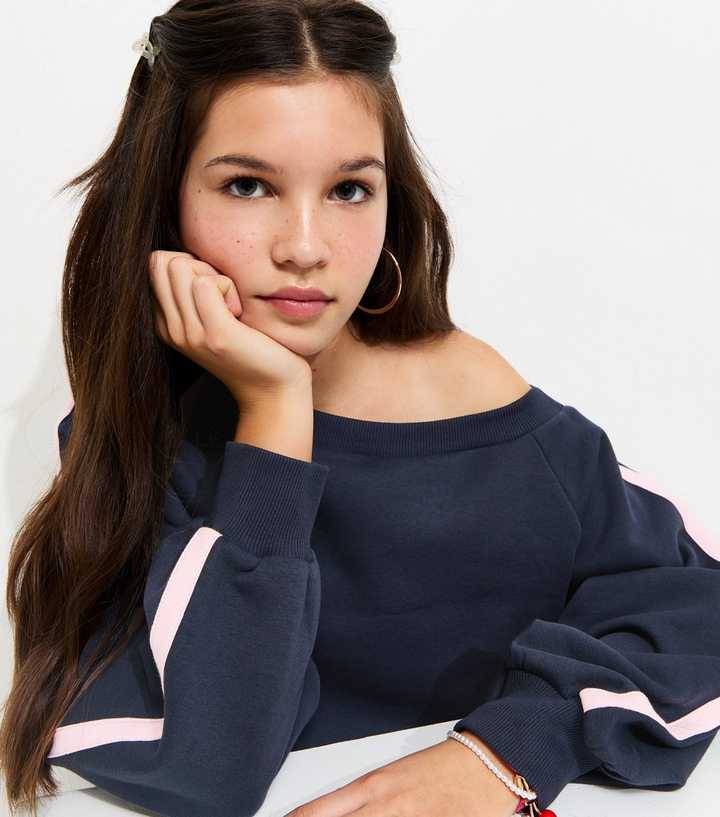 Girls Navy Off The Shoulder Side Stripe Sweatshirt