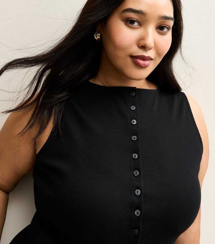 Curves Black Button Through Ribbed Tank Top