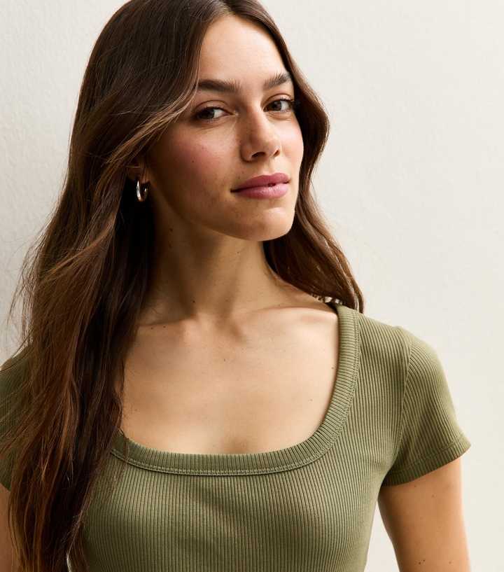 Petite Mid Green Ribbed Square Neck Top