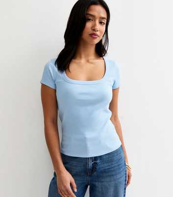 Petite Light Blue Ribbed Square Neck Top