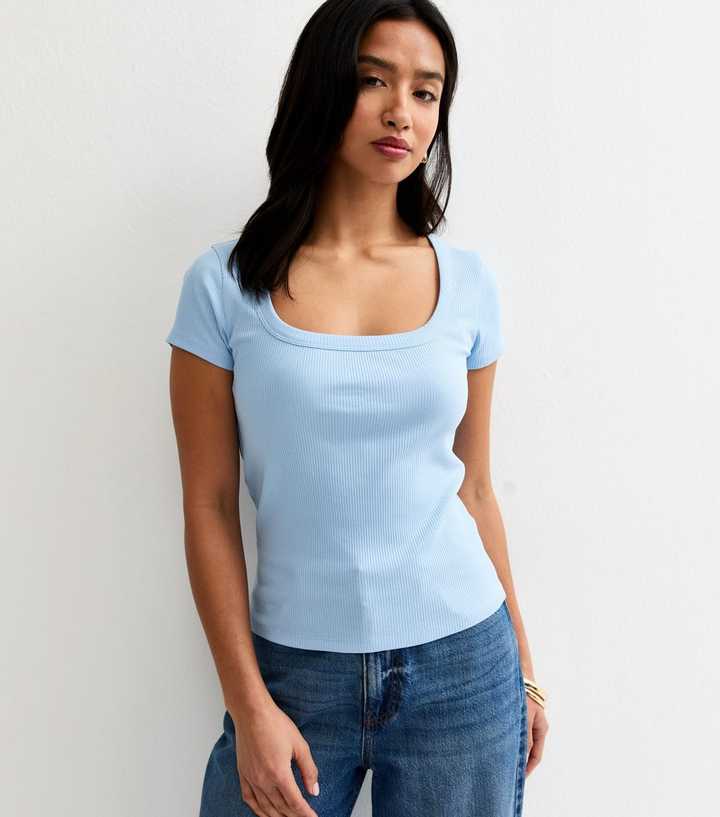 Petite Light Blue Ribbed Square Neck Top