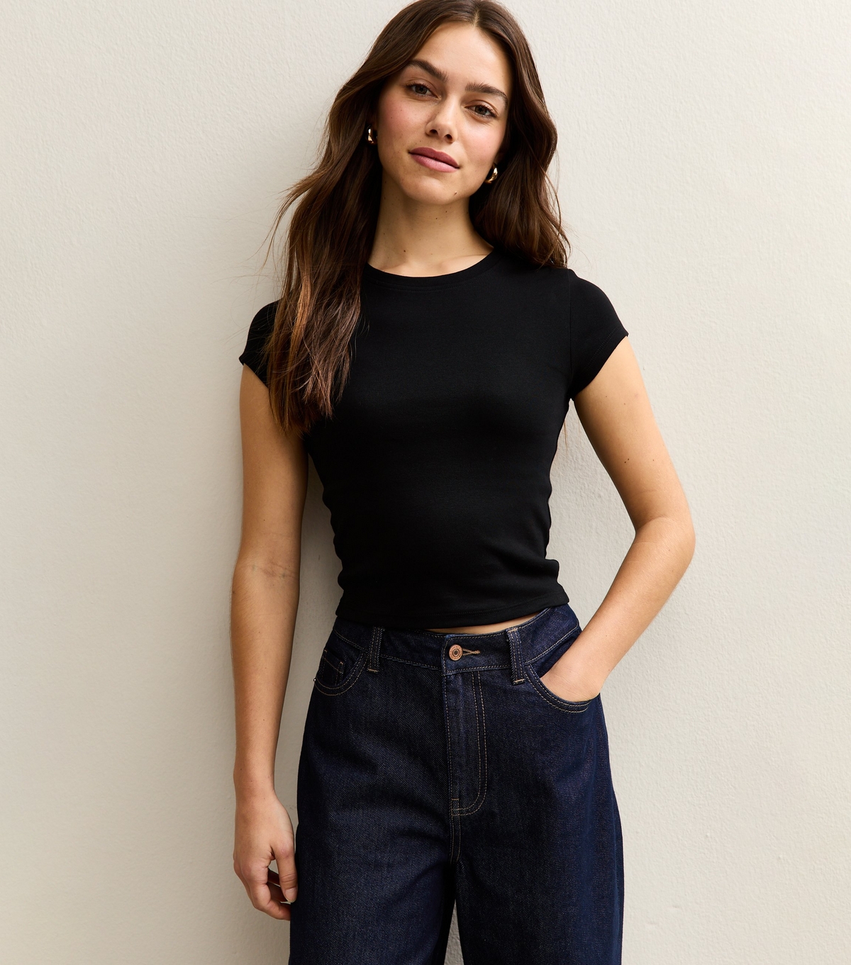 Women's Petite Black Cotton Rich Ribbed Baby Tee New Look