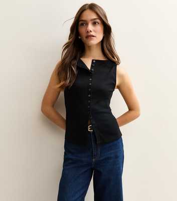 Petite Black Button Through Tank Top
