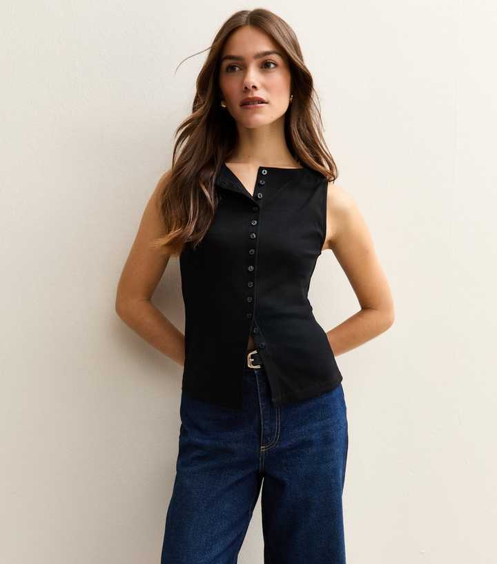 Petite Black Button Through Tank Top