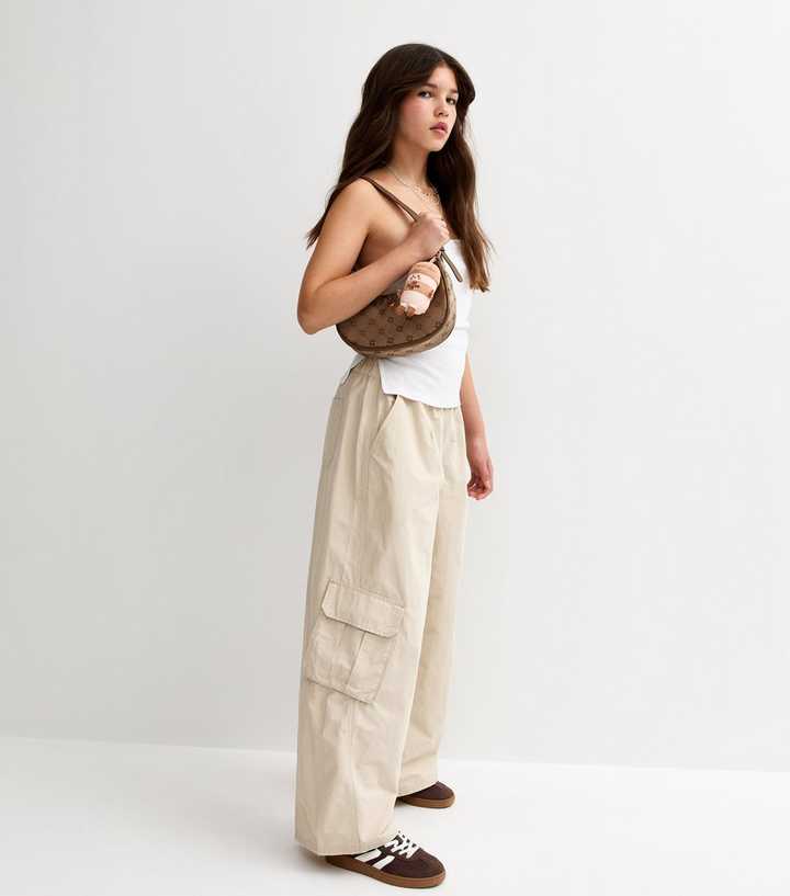 Girls Stone Cargo Pocket Parachute Trousers