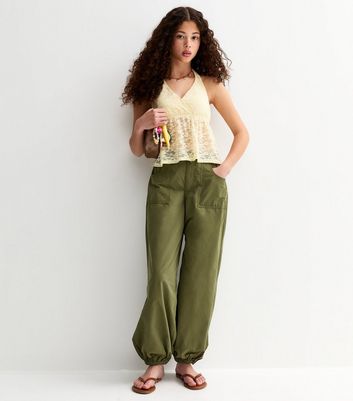 Girls Dark Khaki Oversized Parachute Trousers