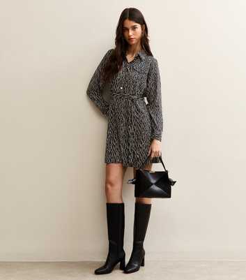 Black Squiggle Print Mini Shirt Dress