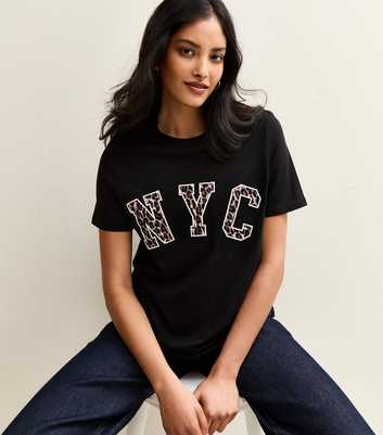 Black Leopard Print NYC Slogan T-Shirt