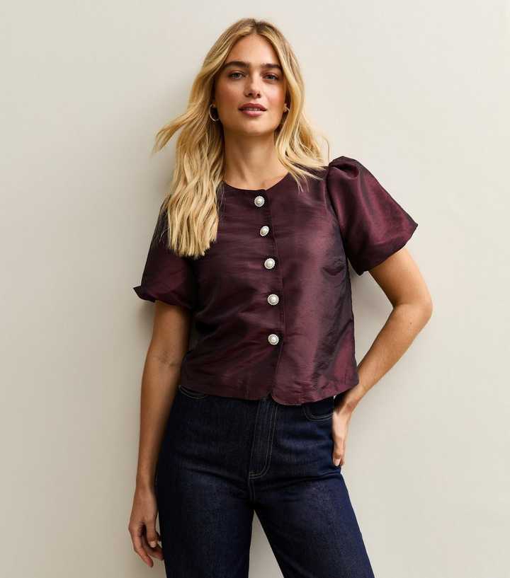 Dark BurgundyTaffeta Puff Sleeve Top