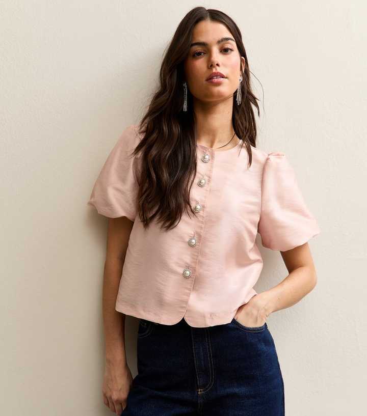 Pale Pink Taffeta Puff Sleeve Top