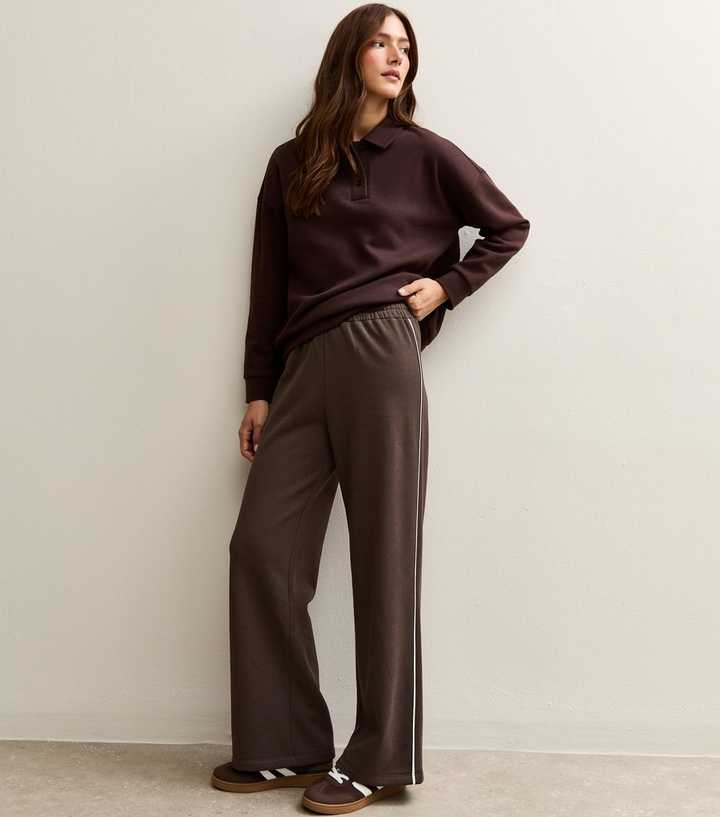 Brown Side Stripe Wide Leg Joggers
