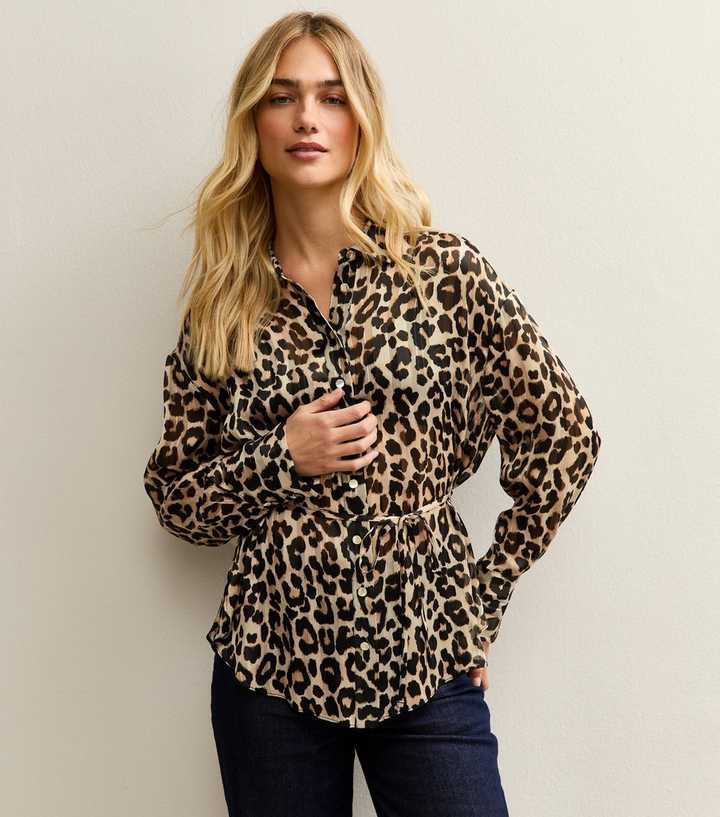 Brown Animal Print Tie Belt Shirt