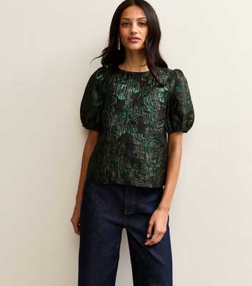 Dark Green Floral Jacquard Short Sleeve Top