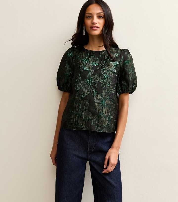 Dark Green Floral Jacquard Short Sleeve Top