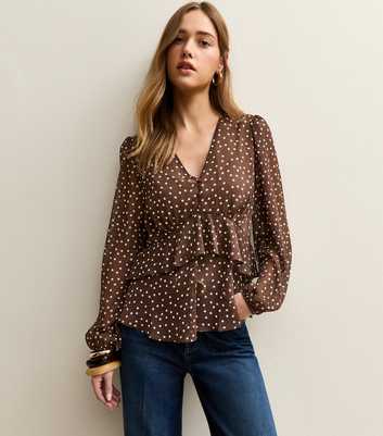 Dark Brown Polka Dot V- Neck Chiffon Tea Blouse