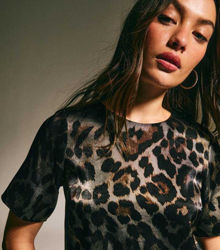 Black Animal Print Glittery Short Sleeve Top