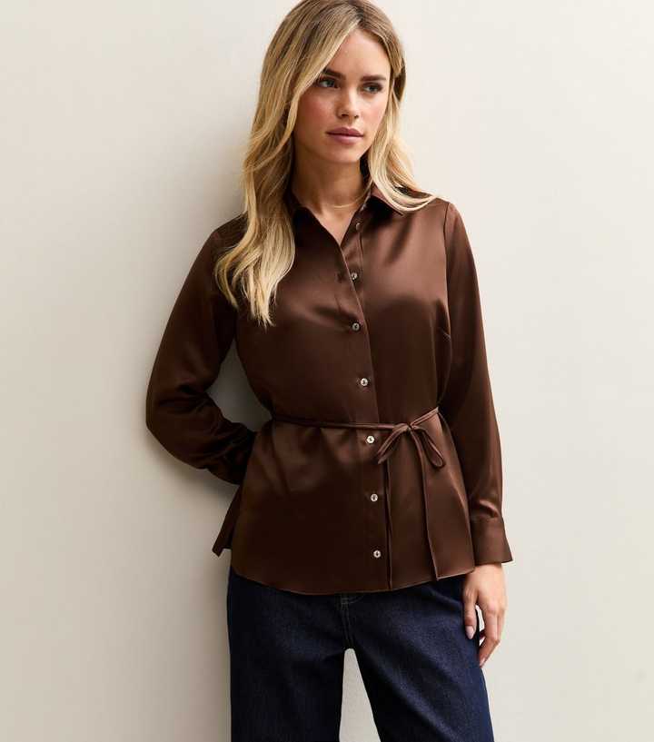 Petite Brown Satin Skinny Belted Shirt