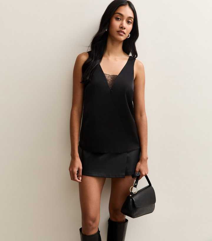 Black Lace Insert V-Neck Top