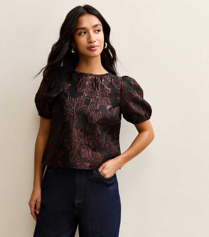 Petite Dark Burgundy Floral Jacquard Puff Sleeve Top