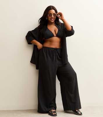 Curves Black Cotton Slub Beach Trousers