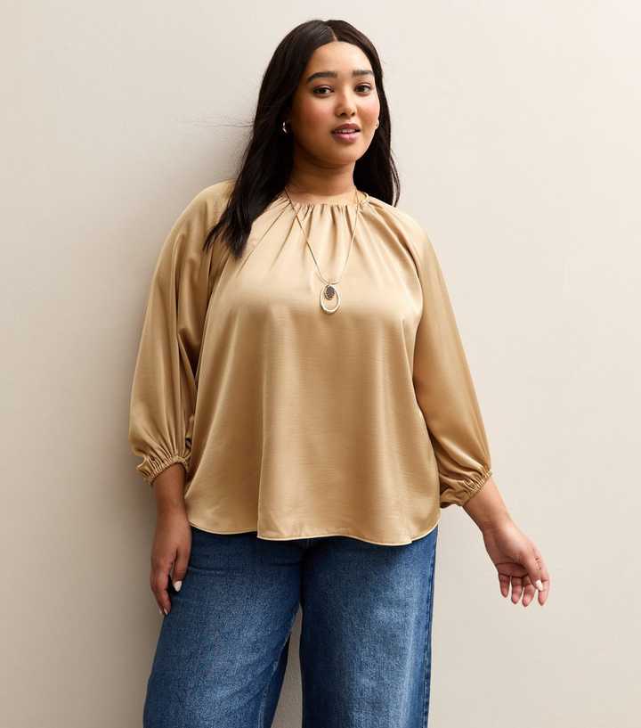 Curves Gold Satin Crew Neck Blouse