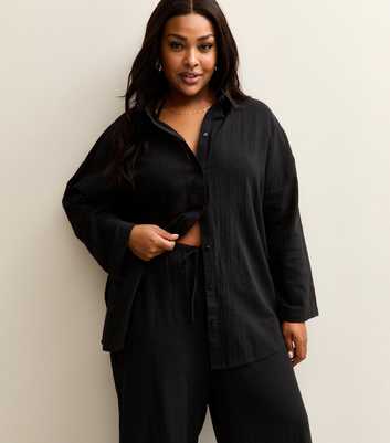 Curves Black Long Sleeve Cotton Slub Beach Shirt