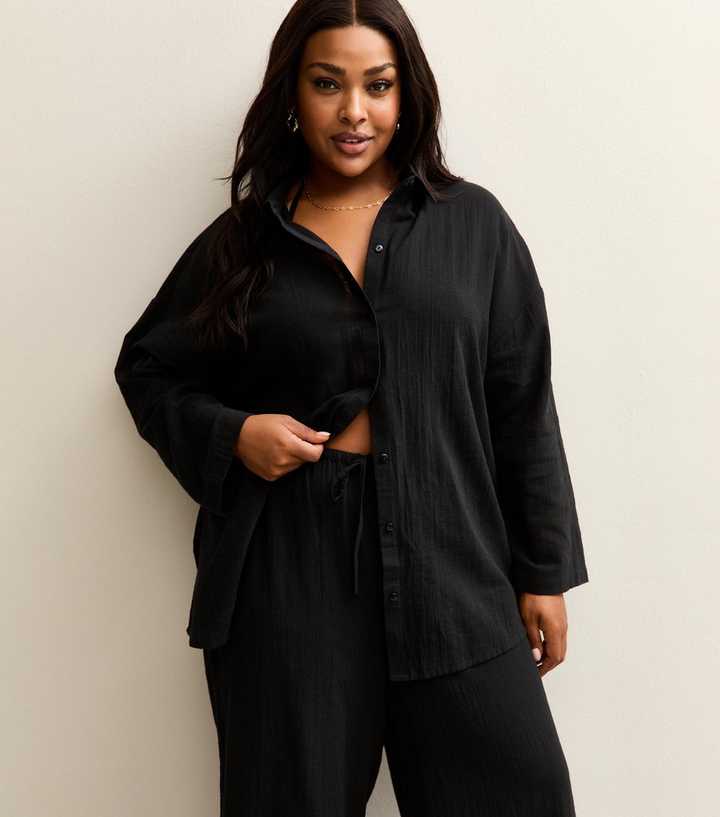 Curves Black Long Sleeve Cotton Slub Beach Shirt