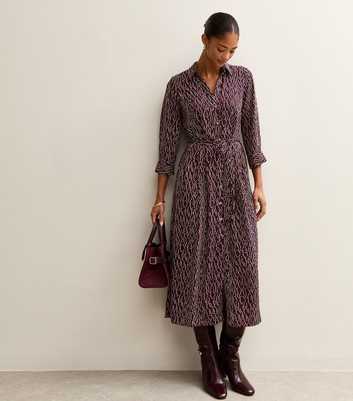 Burgundy Patterned Belted Shirt Dress