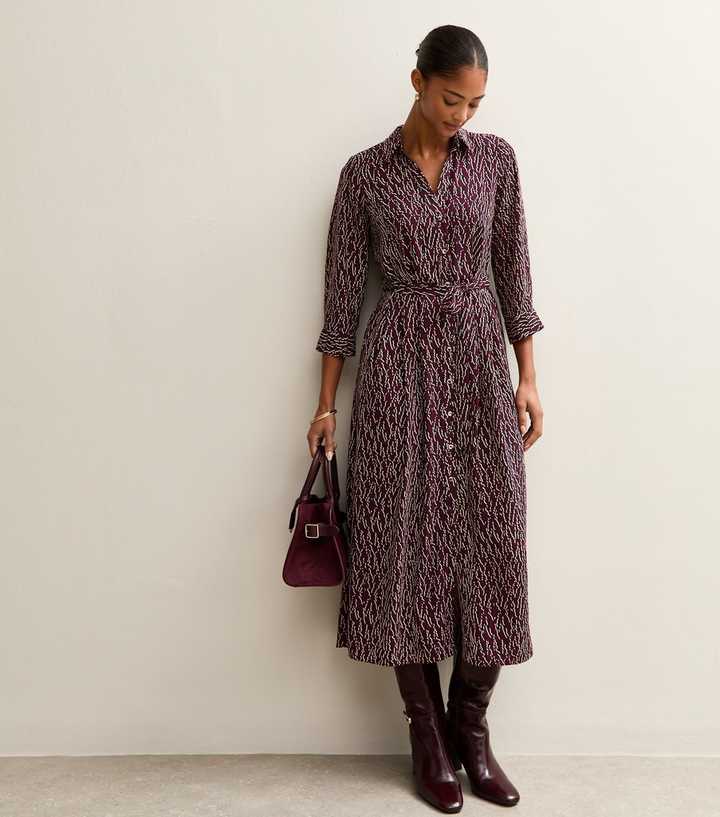 Burgundy Patterned Belted Shirt Dress