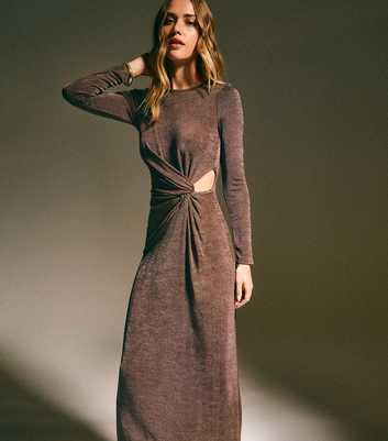 Dark Brown Side Knot Ruched Long Sleeve Midi Dress