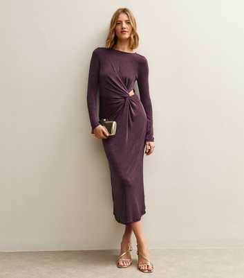 Dark Purple Side Knot Ruched Long Sleeve Midi Dress