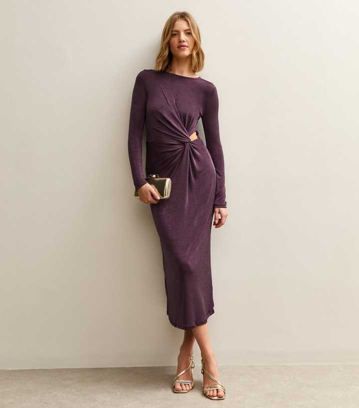 Dark Purple Side Knot Ruched Long Sleeve Midi Dress