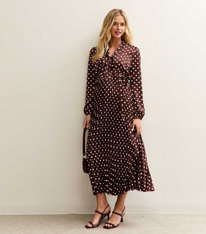 Maternity Brown Polka Dot Satin Pleated Midi Dress