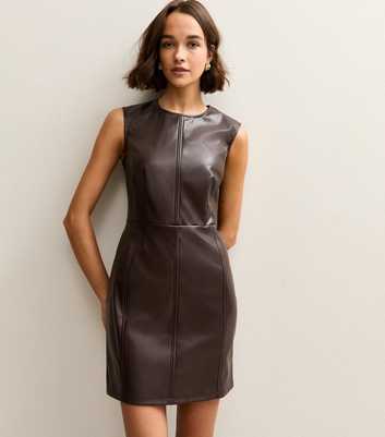 Dark Brown Faux Leather Sleeveless Mini Dress