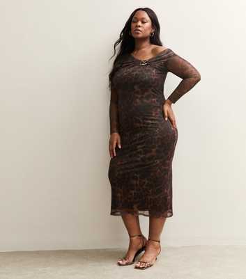 Curve Brown Leopard Print Fallen Shoulder Dress