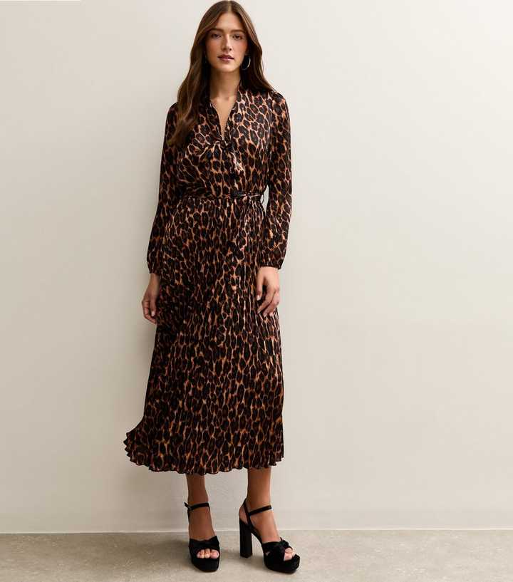 Dark Brown Animal Print Pleated Long Sleeve Midi Dress