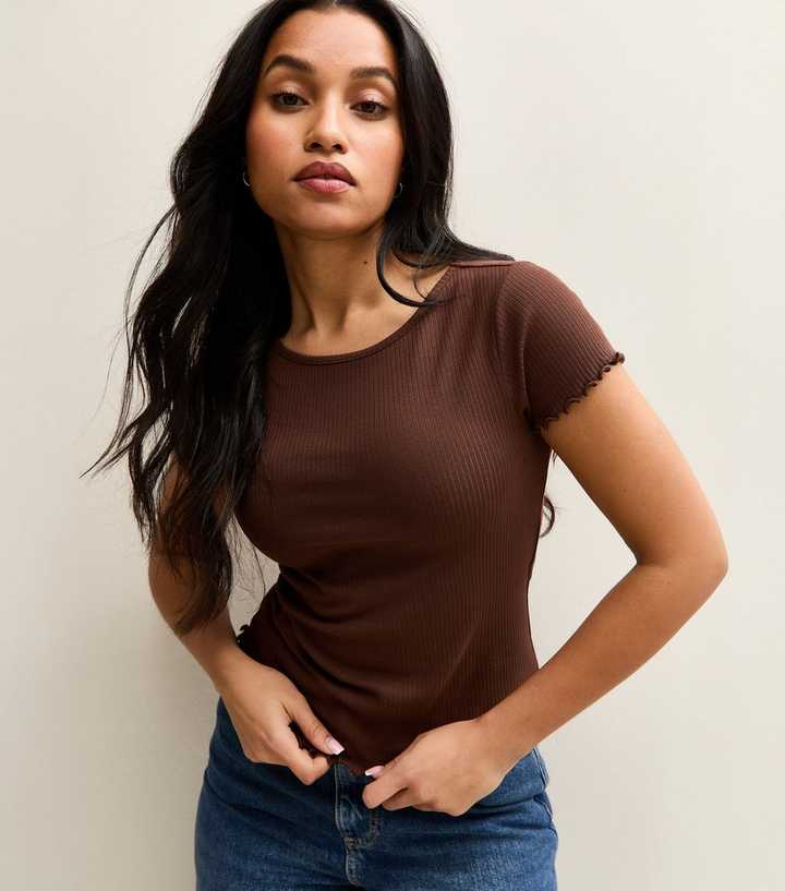 Petite Dark Brown Ribbed Babylock Tee