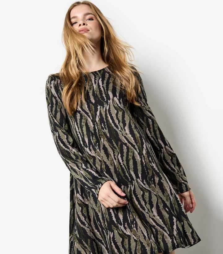 Apricot Khaki Zebra Print Swing Dress
