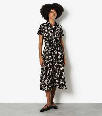 Apricot Black Leaf Shirt Midi Dress