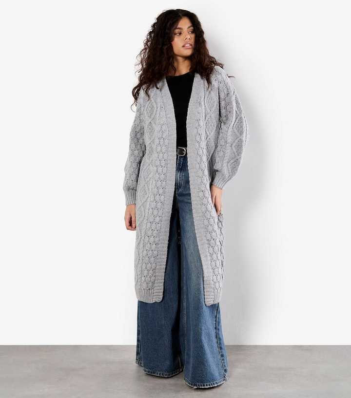 Apricot Longline Light Grey Open Cable Knit Cardigan