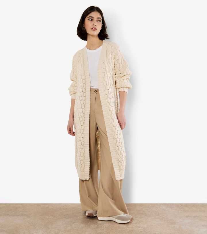 Apricot Longline Cream Open Cable Knit Cardigan